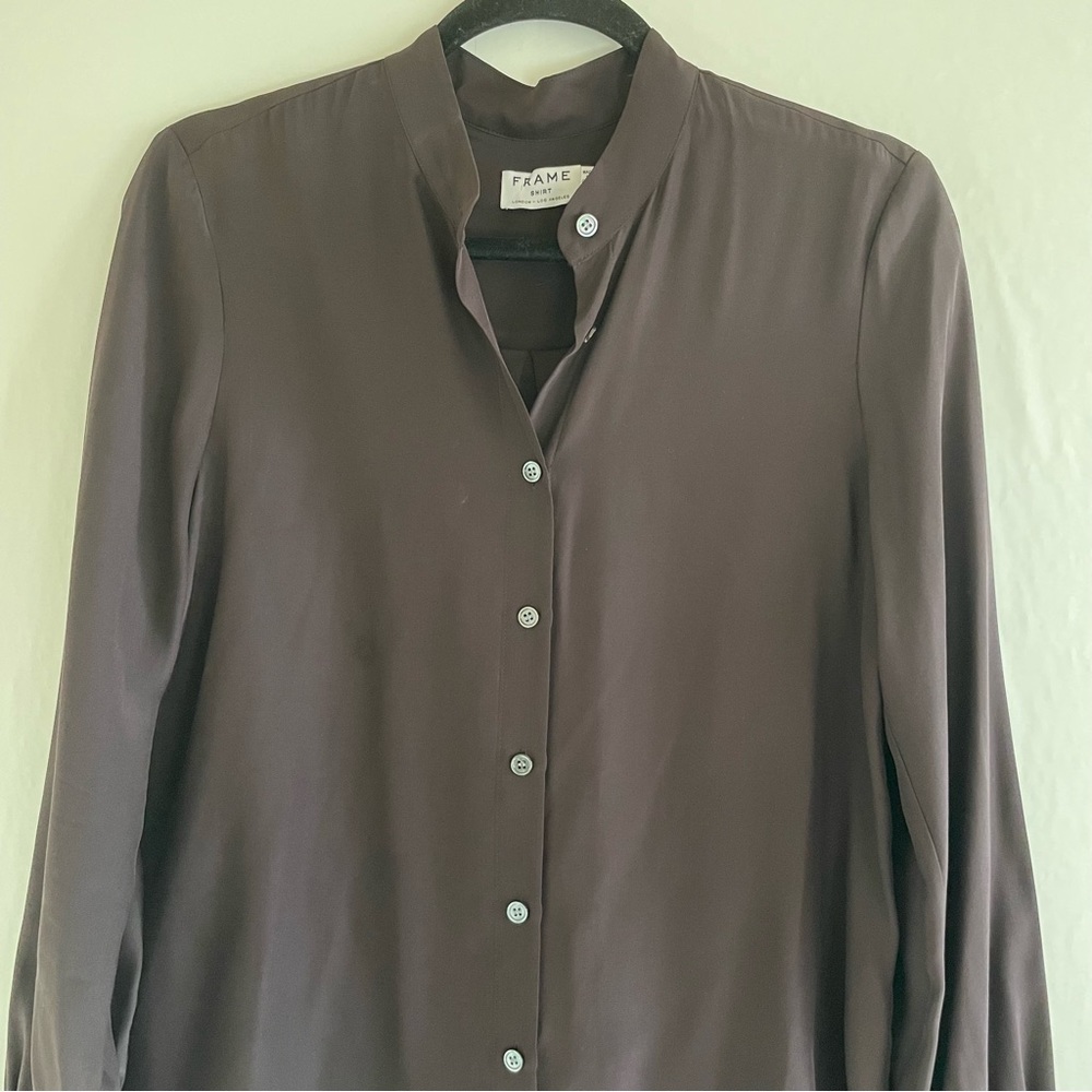 Frame Brown Silk Long Sleeve Mandarin Collar Top Size S - Picture 3 of 11